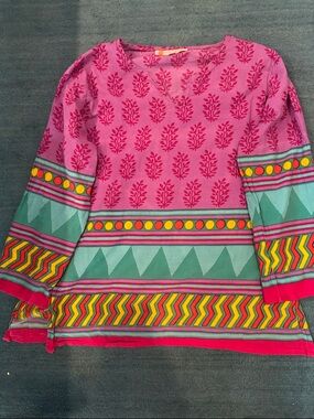 Women’s Pink Printed Boho Blouse with Geometric Border